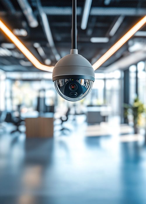 Close up view of CCTV security camera with blurry office background